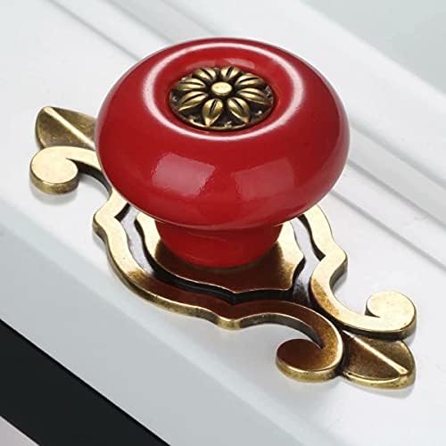 ANNURA Red Ceramic Drawer Knobs with Bronze Back Plate 6 Pcs