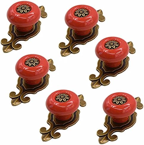 ANNURA Red Ceramic Drawer Knobs with Bronze Back Plate 6 Pcs