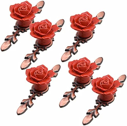 6 Pcs Ceramic Rose Cabinet Knobs with Red Bronze Back Plate