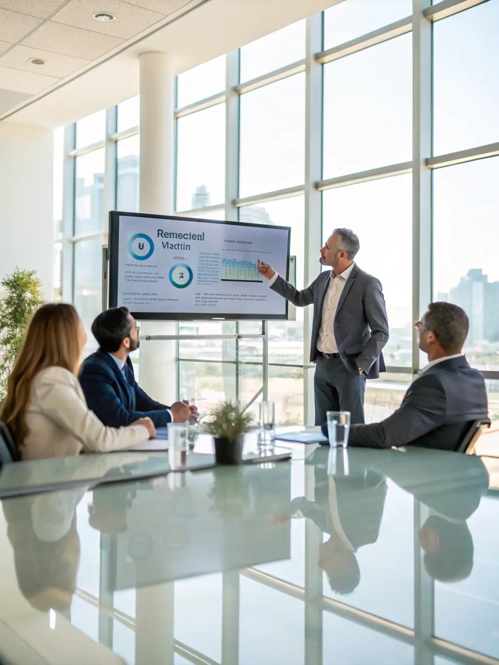 An image of a consultant presenting a detailed IT strategy roadmap to a group of business executives in a modern boardroom setting.