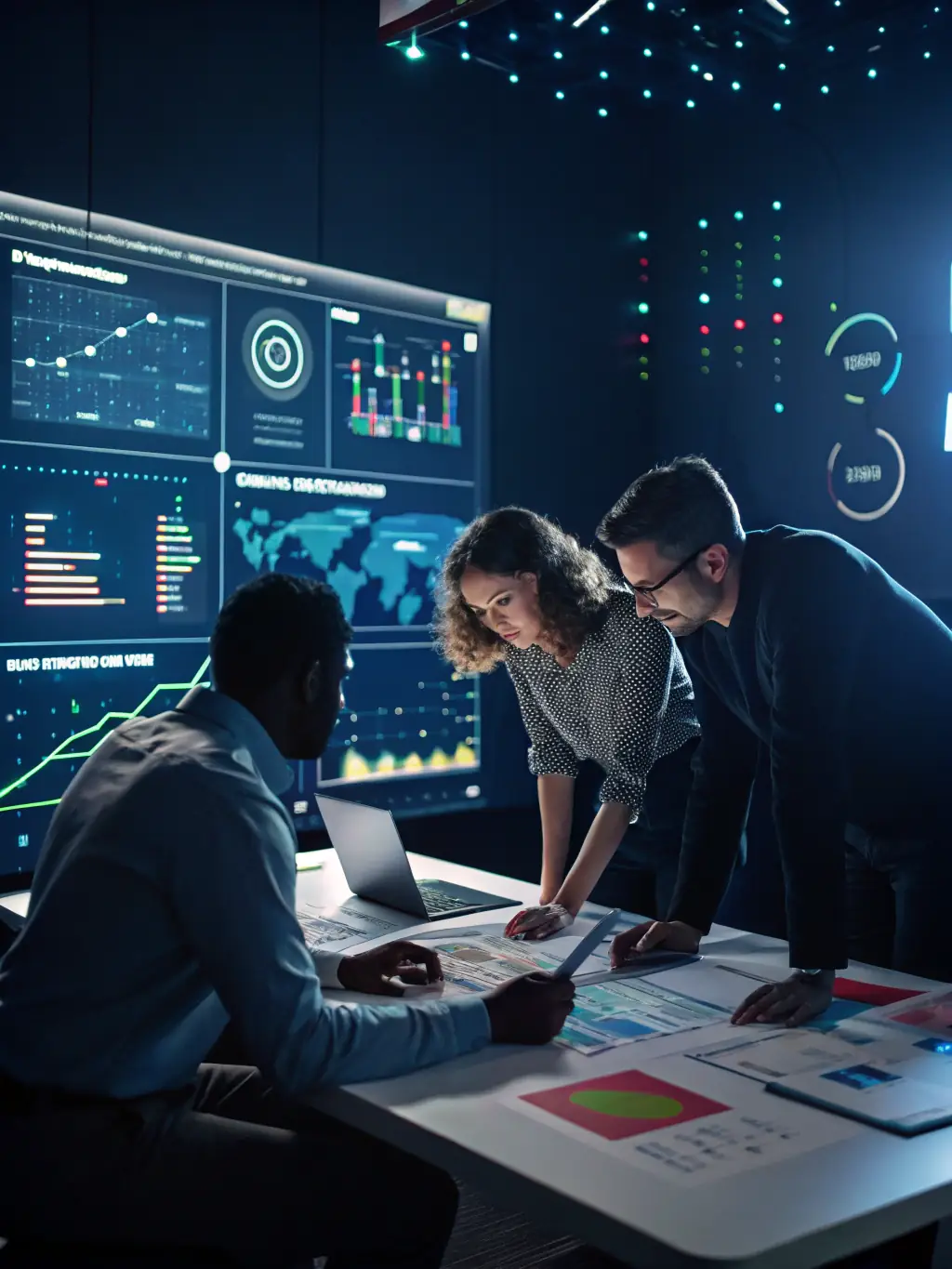 A team of IT consultants collaborating around a large interactive screen displaying a network architecture diagram, in a brightly lit, modern office, symbolizing strategic IT planning.