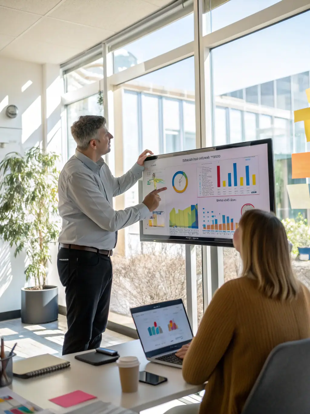 A professional consultant in a suit, smiling confidently while pointing at a digital dashboard displaying key performance indicators, set in a modern office environment, representing data-driven consulting.