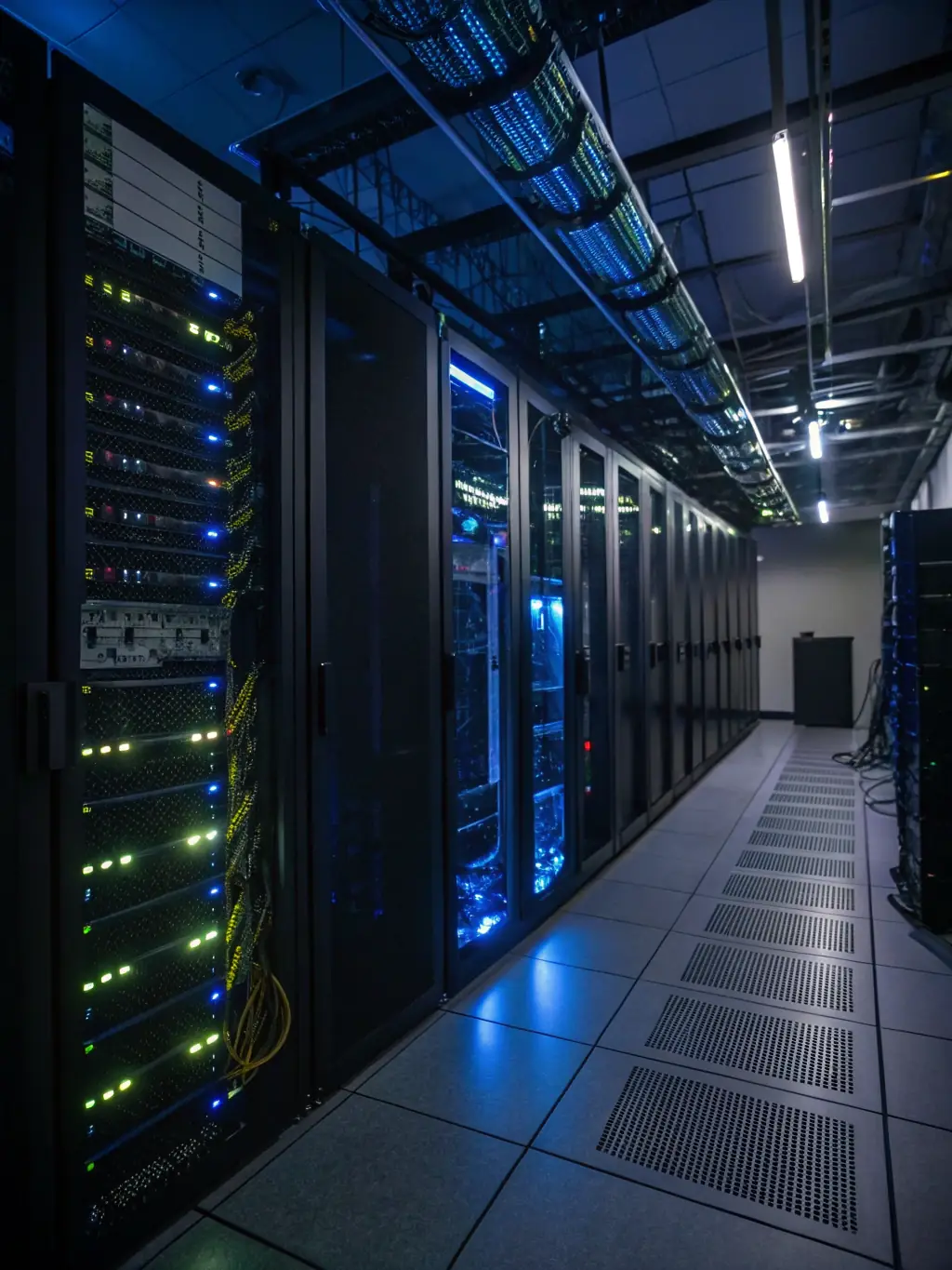 A secure server room with blinking lights and visible network cables, emphasizing data security and infrastructure management, in a controlled and professional environment.