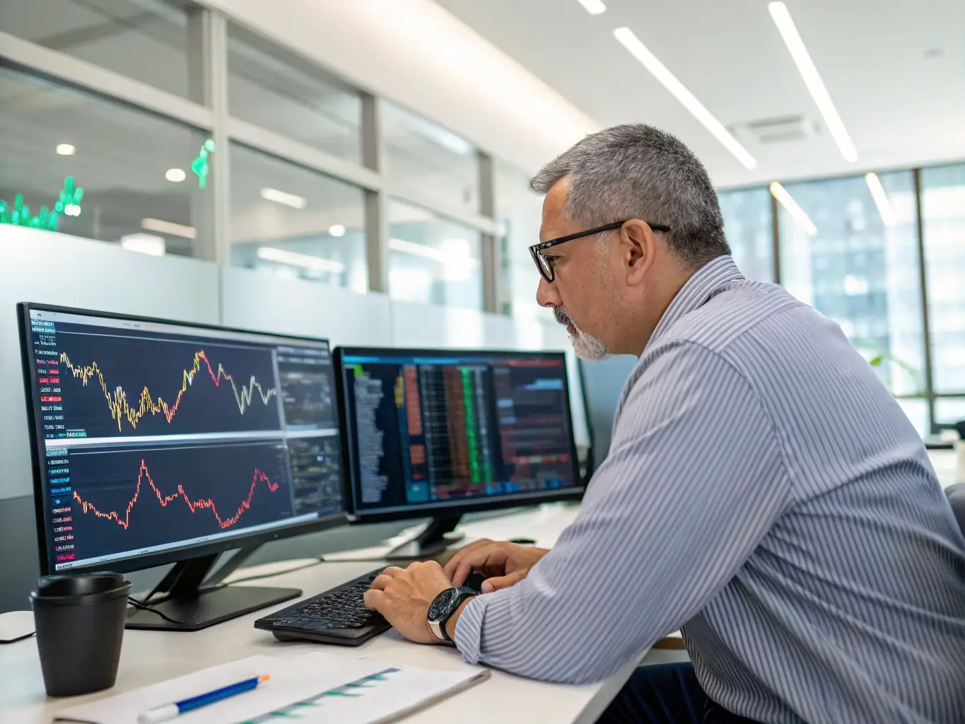 A photo of a financial analyst reviewing market data on multiple screens, representing the finance industry.