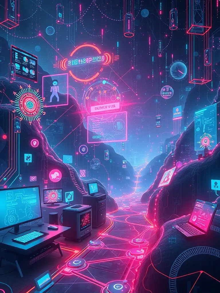 A futuristic cityscape with interconnected digital nodes, representing seamless integration and digital transformation, under a twilight sky, symbolizing the future of technology.