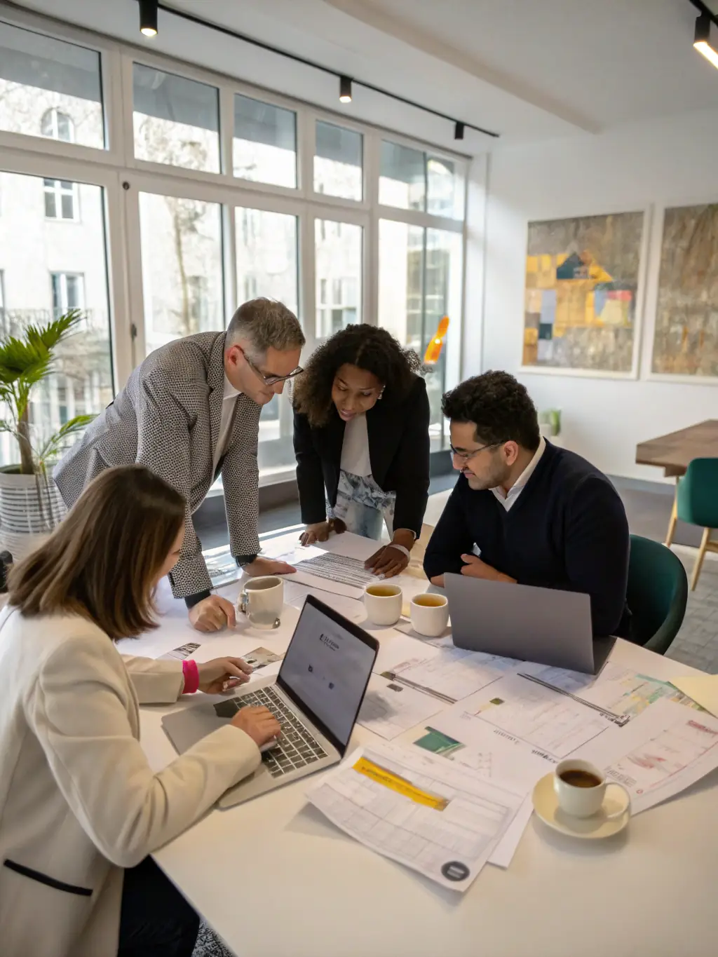 An image showcasing a team of consultants collaborating on a digital transformation project, using modern technology and data analytics tools in a bright, collaborative office environment.